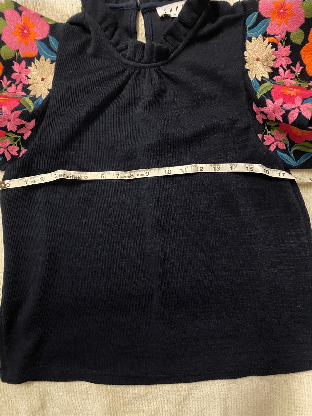 THML Brand Navy Floral Embroidered Flutter Sleeve Top - Picture 3 of 7
